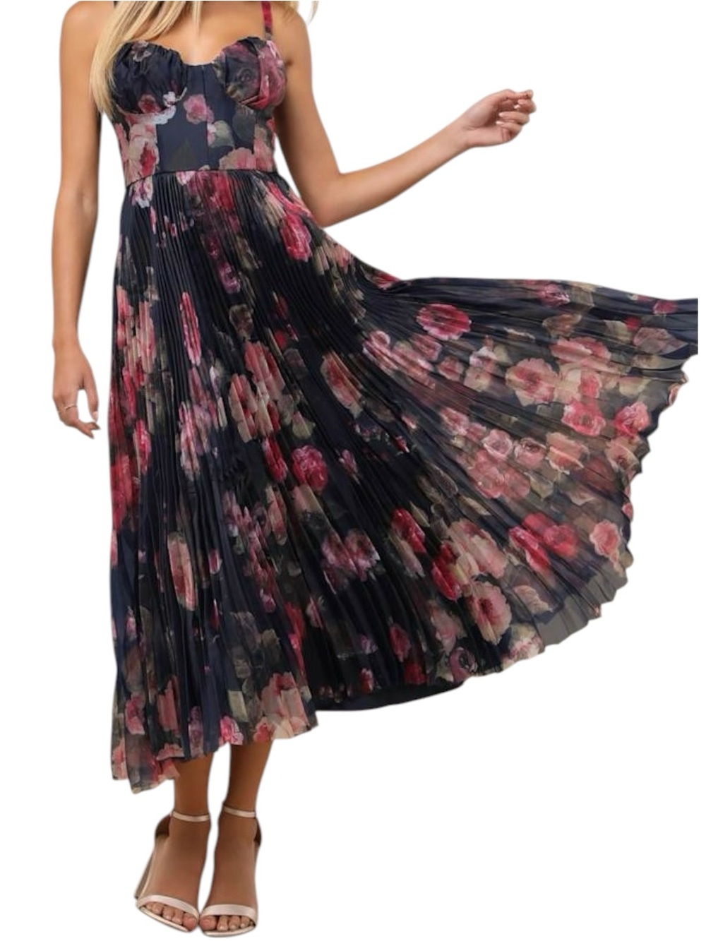 Lulus Alluring Invite Midnight Blue Floral Pleated Bustier Midi Dress NWT